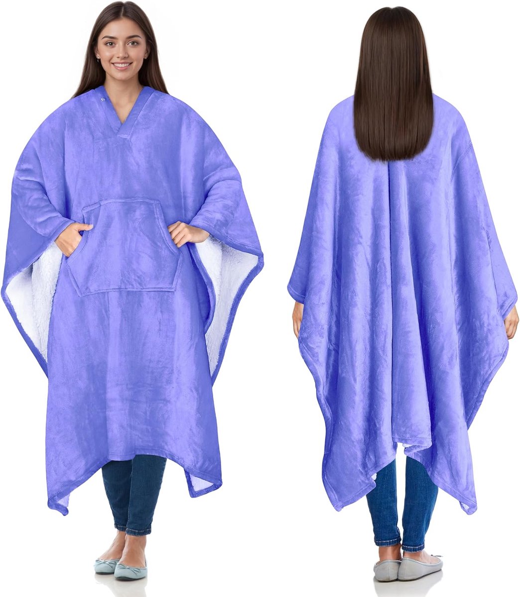 SnelShoppen - Super Zachte Sherpa Poncho Deken 200x140cm - Fleece Plaid voor Volwassenen en Kinderen - Perfect voor Binnen en Buiten - Paars - Comfort