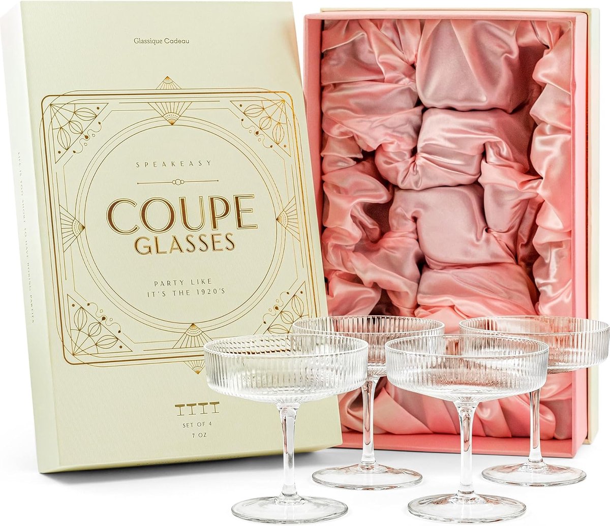 SnelShoppen - Vintage Art Deco Coupe Glazen Set van 4 | 200ml Cocktail Glazen voor Champagne, Martini, Cosmopolitan, Sidecar | Kristallen Sauser Bowls