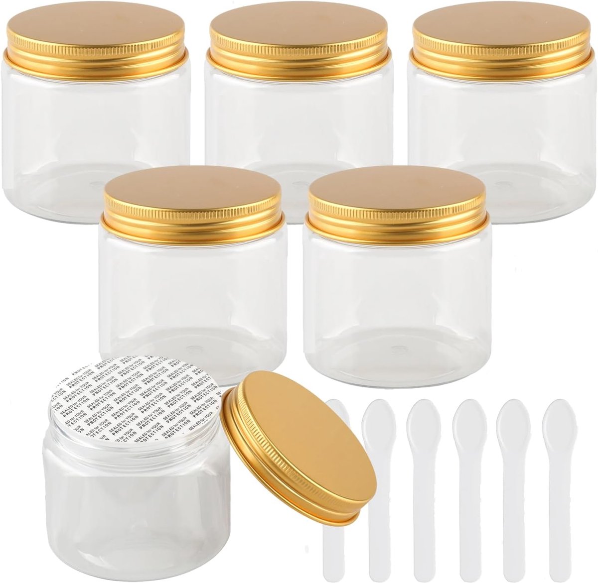 SnelShoppen - 6 Transparante Plastic Cosmetica Potjes 200 ml met Gouden Deksel - Ideaal voor Crème, Olie, Ointment, Reizen, BPA-vrij, Lichtgewicht, Pe