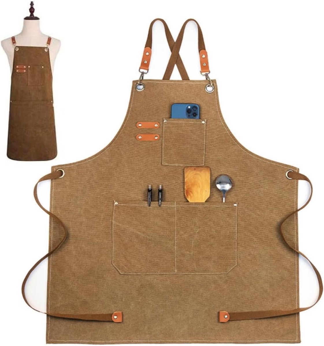 Verlengd canvas werkschort voor mannen en vrouwen met verstelbare riem en zakken voor koken, tuinieren en handwerk, ideaal voor thuisgebruik en professioneel gebruik
