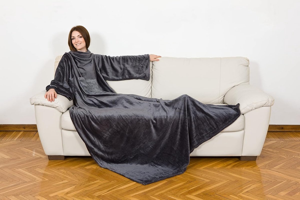 SnelShoppen - Kanguru Deluxe Loft Fleece Deken met Mouwen en Zak - Super Zacht en Gezellig - Grijs - Volwassen Maat 140 x 210 cm - Perfect voor Thuis,