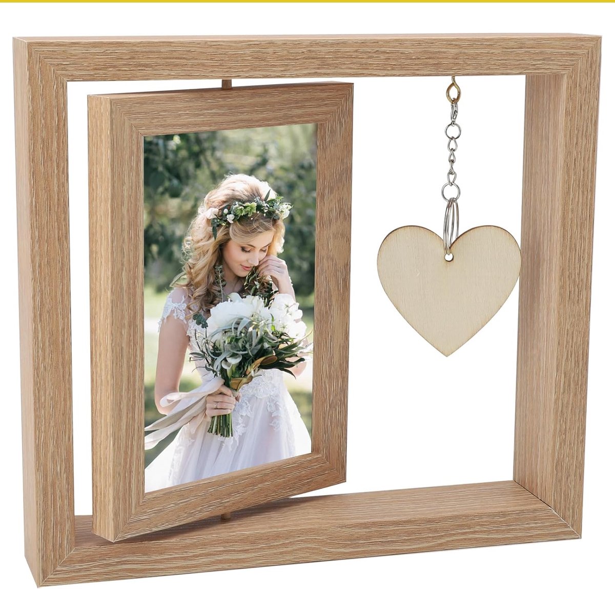 SnelShoppen - Photo Frame 10x15 cm - Rotating Houten Fotolijst met Hart Pendant - Dubbelzijdig Persoonlijk Fotolijstje - Houtkleur - Perfect Cadeau vo
