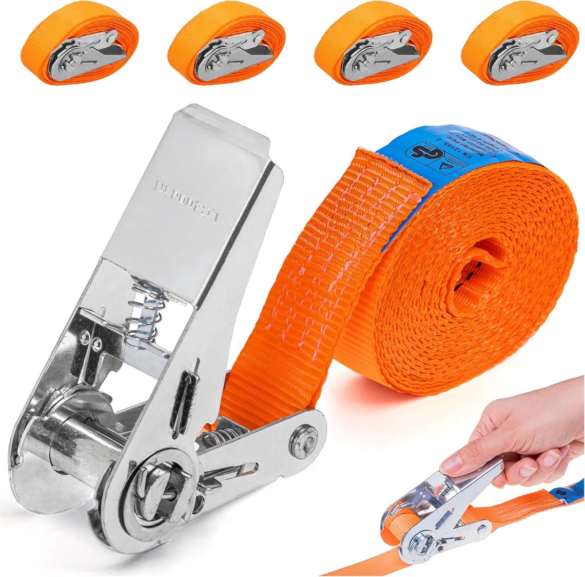 SnelShoppen - 4 Stuks Lashing Straps met Ratchet 4m/6m - 800kg 25mm - Heavy Duty Spanbanden zonder Haken voor Motorfiets, Trailer, Bagage en Fiets (Or