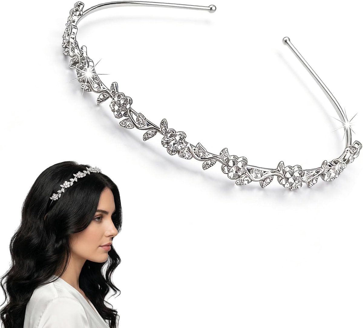 SnelShoppen - Elegante Rhinestone Wedding H Hoofdband met Zilveren Kristallen, Feestelijke Haarband voor Bruidsaccessoires, Met Bladeren en Bloemen, I