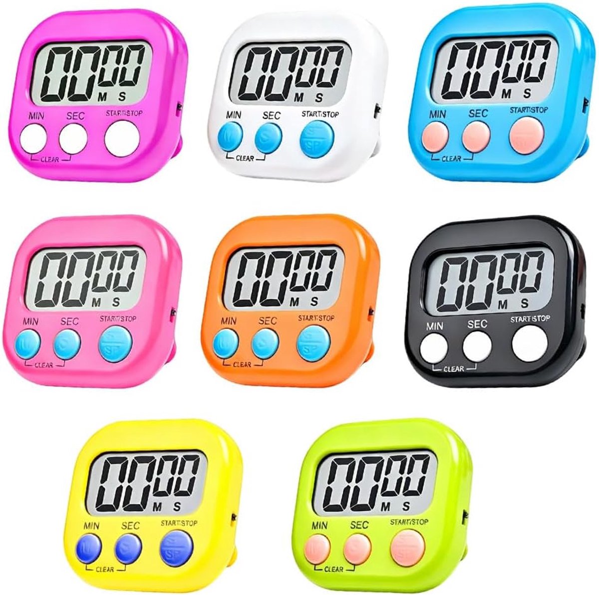 SnelShoppen - 8 Stuks Digitale Timer Keuken, Magnetisch Eierwekker, Korte Tijdwekker, Digitaal met Inklapbare Standaard en Display voor Koken, Keukena