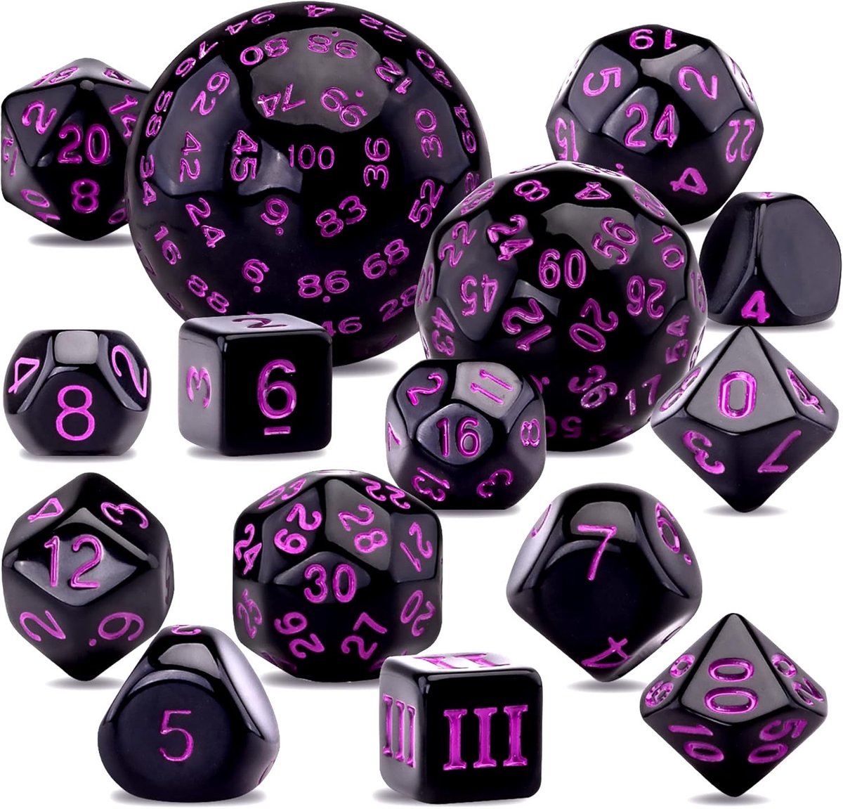 SnelShoppen - 15-delige Polyhedrale Dobbelsteen Set D3-D100 - Zwarte en Paarse Spel Dobbelstenen met Leer Trekzak - Ideaal voor Rollenspel en Tafelspe