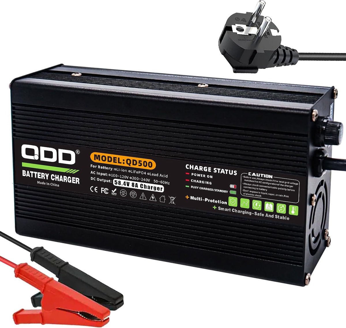 SnelShoppen - LiFePO4 Oplader voor 16S 48V Accu - Zwart Aluminium Behuizing met Veiligheidsbescherming en Koelsysteem - DC Krokodillenklem Connector -