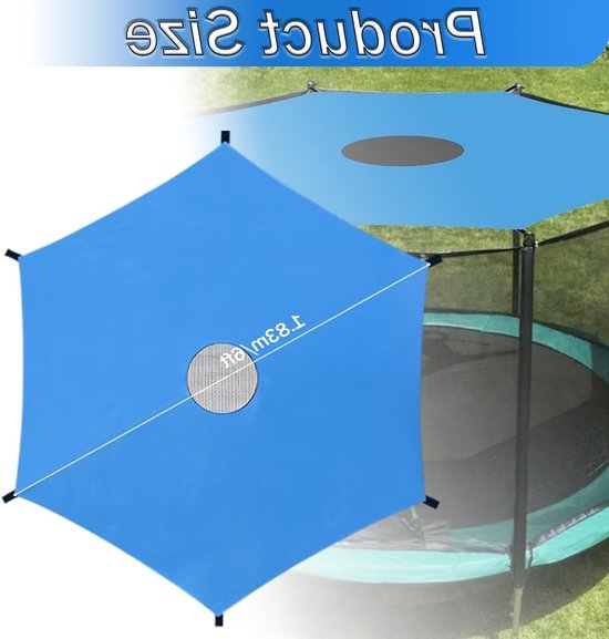 Blauw hexagonvormig trampoline zonnescherm, met afmetingen aangegeven als 1.83m/6ft. Het scherm is bevestigd aan een trampoline.