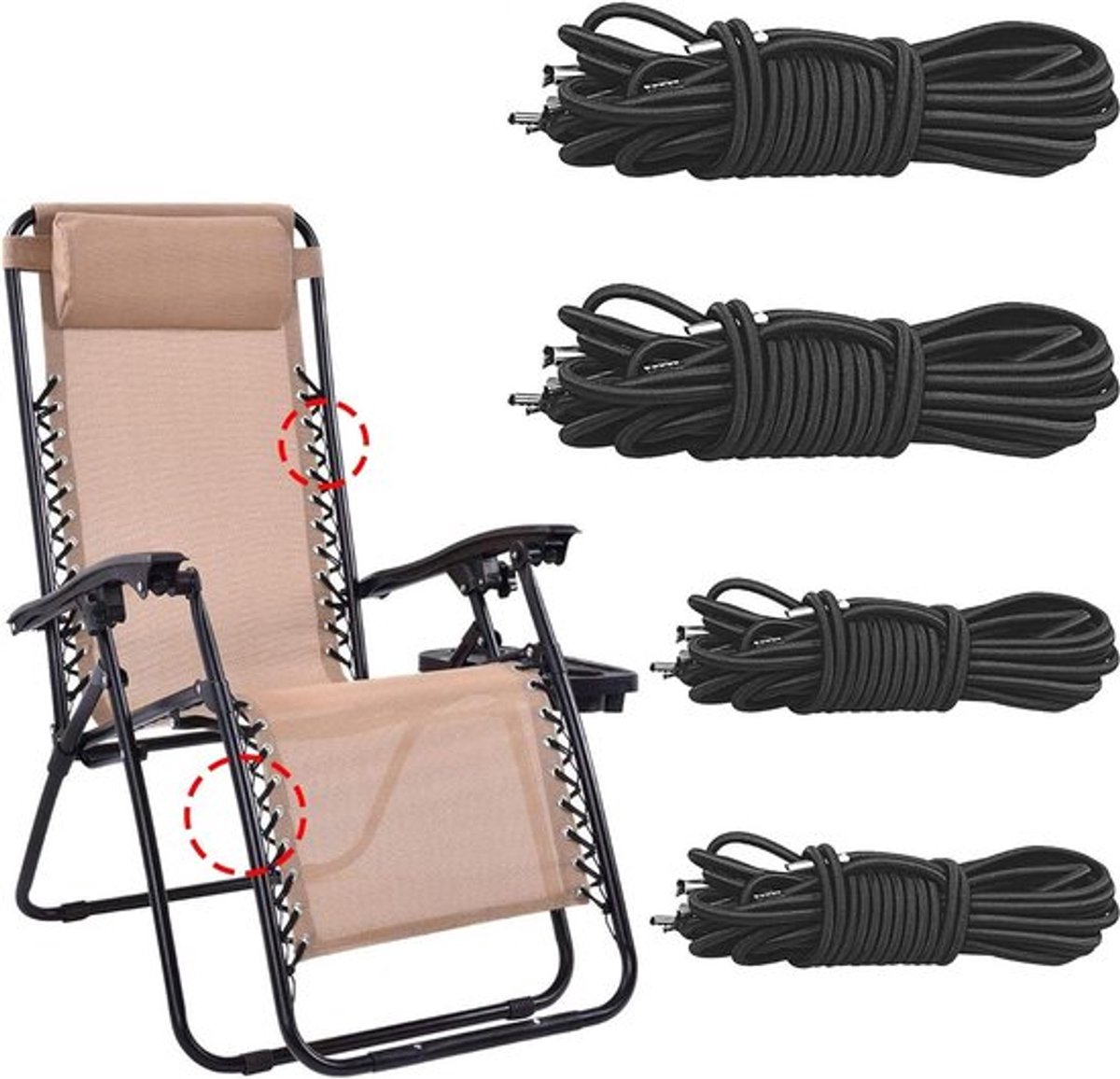 Universeel Elastiek voor Ligstoel - Zwart (4 stuks) - Reservekabel - Zero Gravity Chair - 