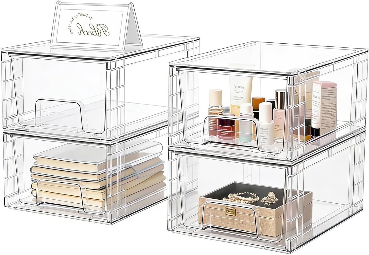 Set van 4 Opberg Lade met Verdelingsplaat – Duidelijke Acryl Opbergoplossing voor Bureau, Make-up, Keuken en Badkamer