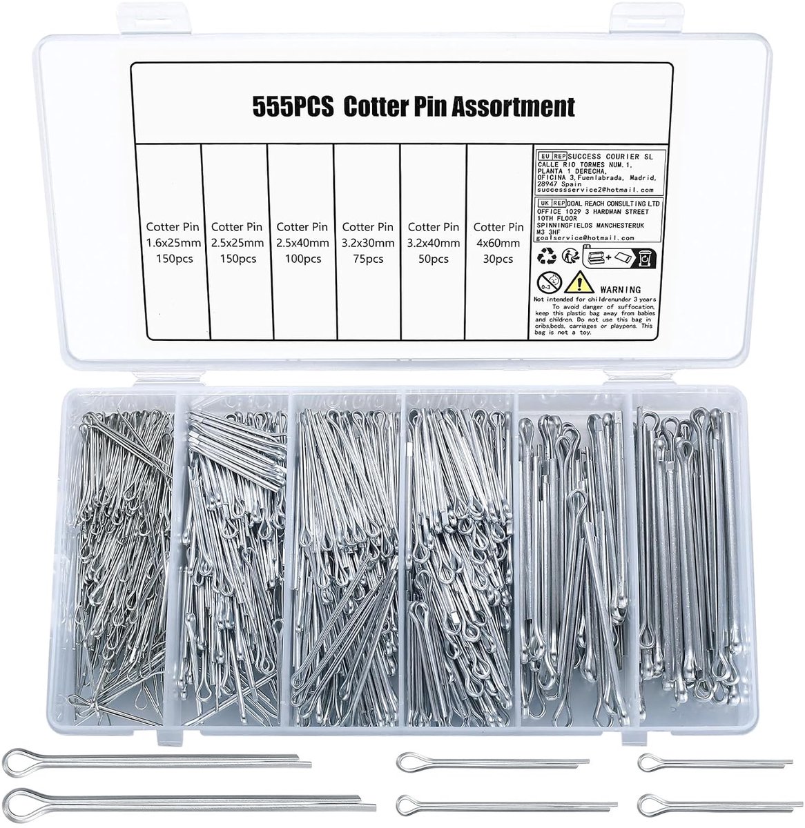 SnelShoppen - 555 Pcs Slotted Pins Assortiment - Slotted Pins, Veerstangen, Metalen Bevestigingspinnen, Veiligheidspinnen voor Trekhaak, Grasmaaiers,