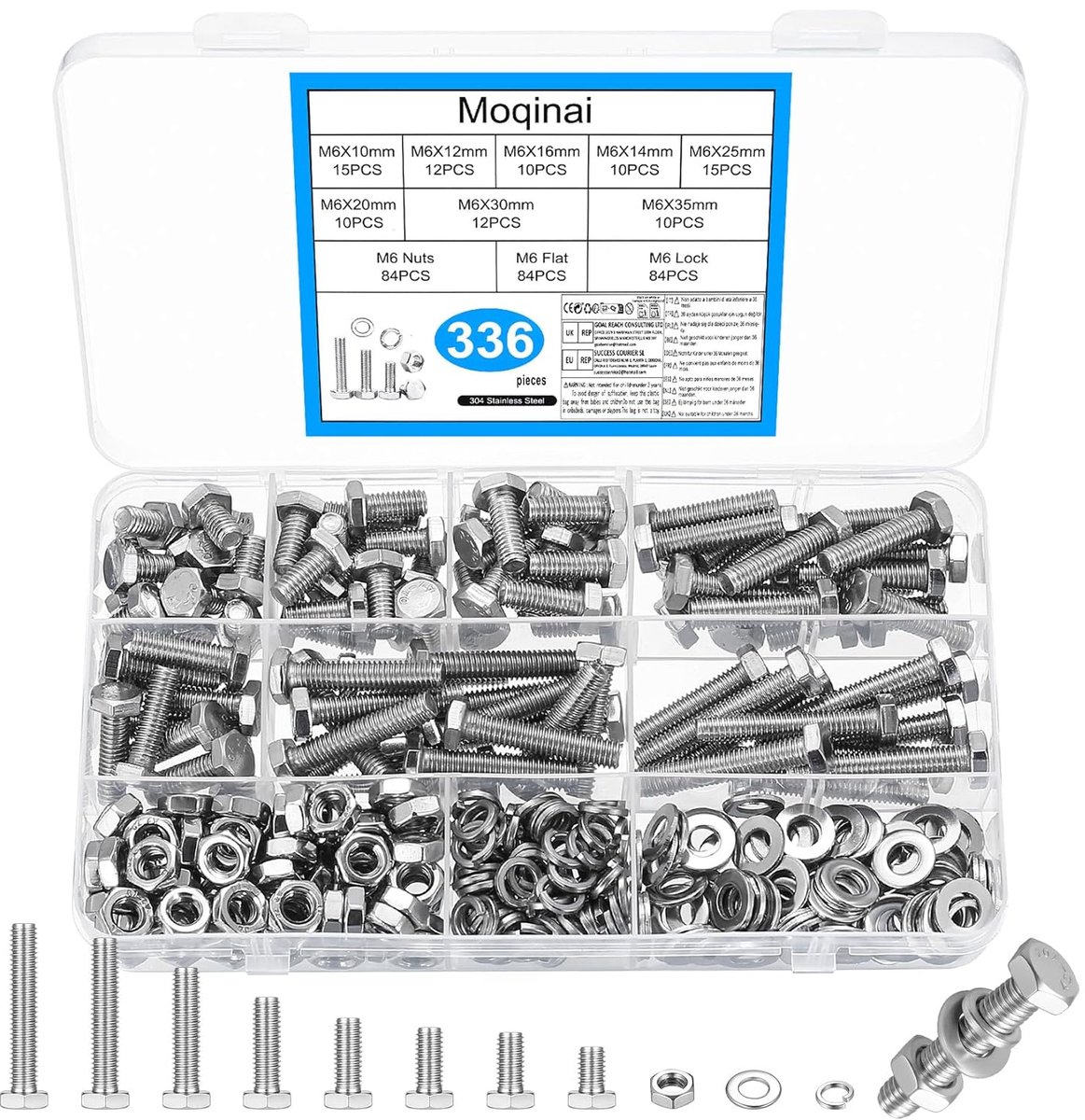 SnelShoppen - 336 Stuks M6 RVS Zeskant Schroeven Set, Inclusief Moeren en Ringen, Assortiment M6 Schroeven van Roestvrij Staal, Duurzaam en Corrosiebe