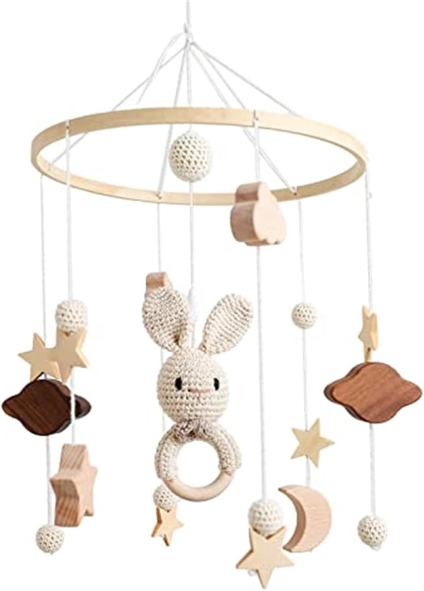 SnelShoppen - Mobiele babybed met wolken en kleine haas, hangend houten windspel, rammelspeelgoed voor babykamer, ideaal cadeau voor jongens en meisje