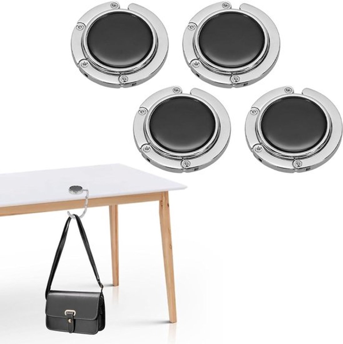 Tafelzakhouder - Stijlvolle Handtasclip met Opvouwbare Zakhaak, Sleutelopberghaak & Draagbare Ophanghaak - Metalen Zakgesp voor Tafel, Auto en Kantoor - Handige Accessoire met diverse functies4