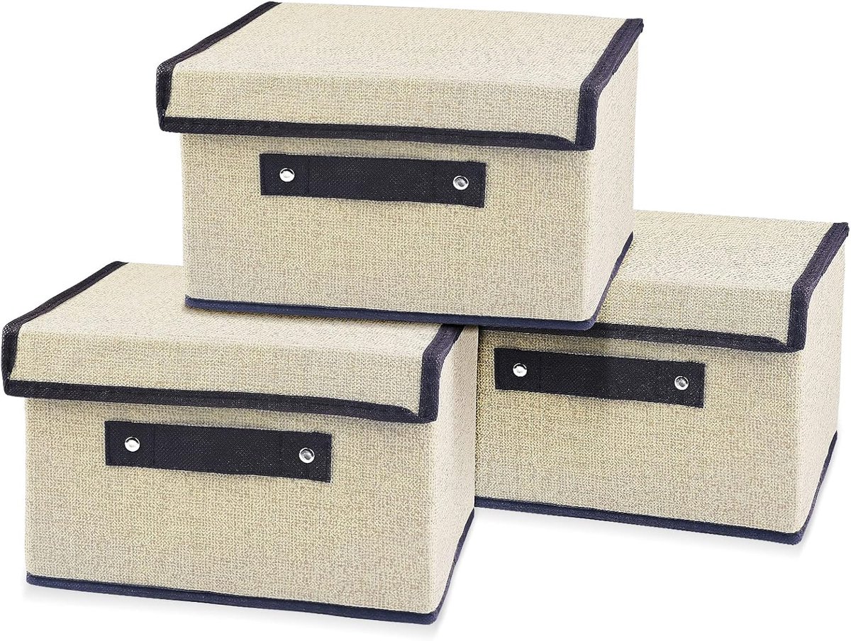 SnelShoppen - 3-delige opbergdozen 25x19x16 cm, vouwbaar met deksel, opbergmanden voor speelgoed, kleding, boeken, sokken, wit, duurzaam non-woven mat