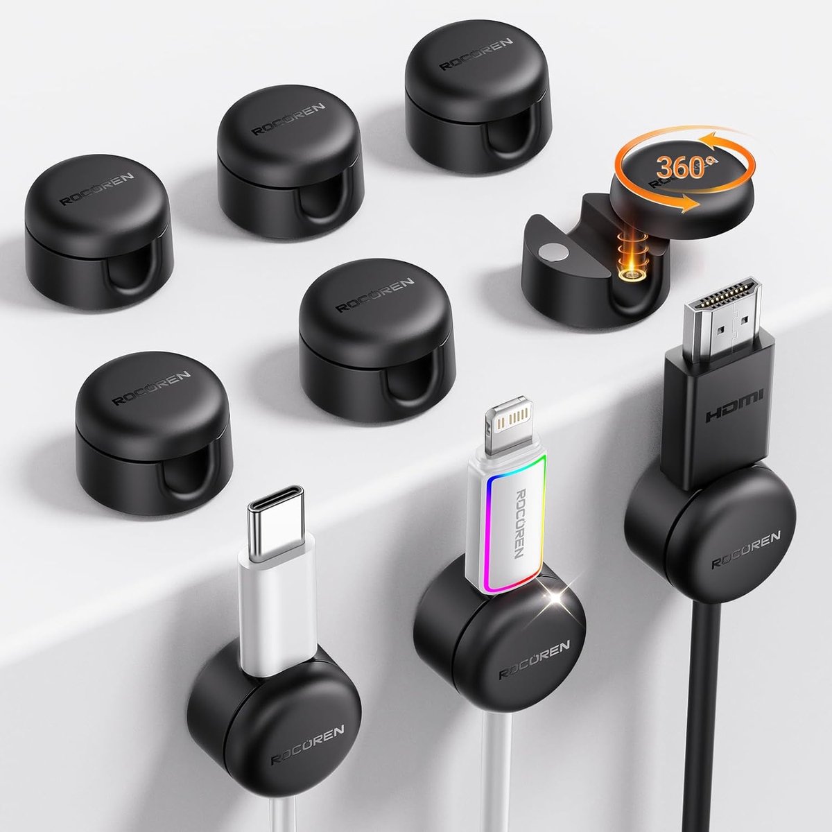 SnelShoppen - 360° Rotatable Kabelhouders - Zelfklevende Magnetische Kabelclips - Organiser voor Opladers, Audio- en Huishoudelijke Kabels - 9 Stuks -