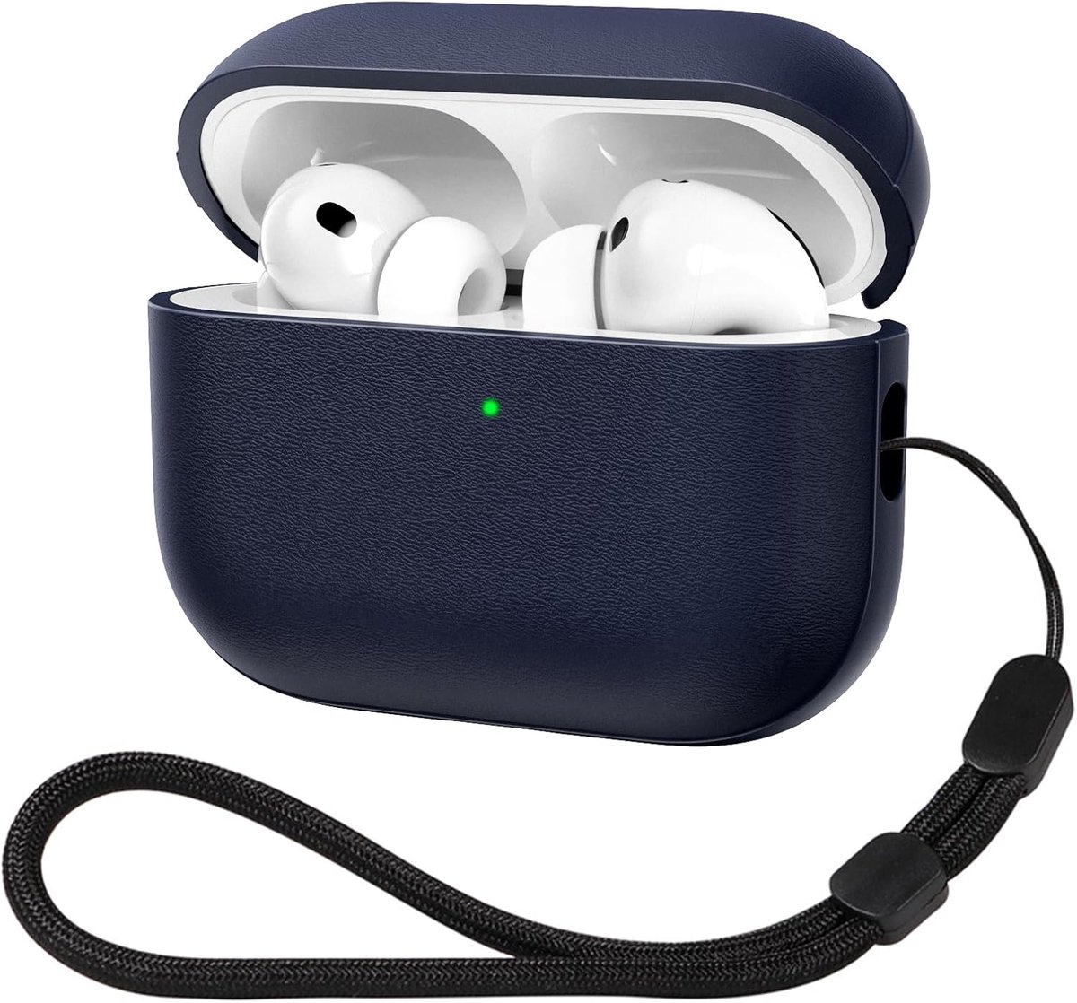 SnelShoppen - AirPods Pro 3 Hoes 2025, TPU Lederen Shockproof Beschermhoes met Lanyard, LED Weergave, Diep Blauw, Perfecte Pasvorm