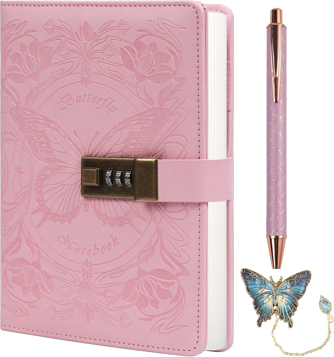 SnelShoppen - Dagboek met Slot voor Vrouwen en Meisjes - Gekleurd Notitieboek met Vlinder Design, Pen en Bladwijzer - A5 Navulbare Lijn Notitieboeken