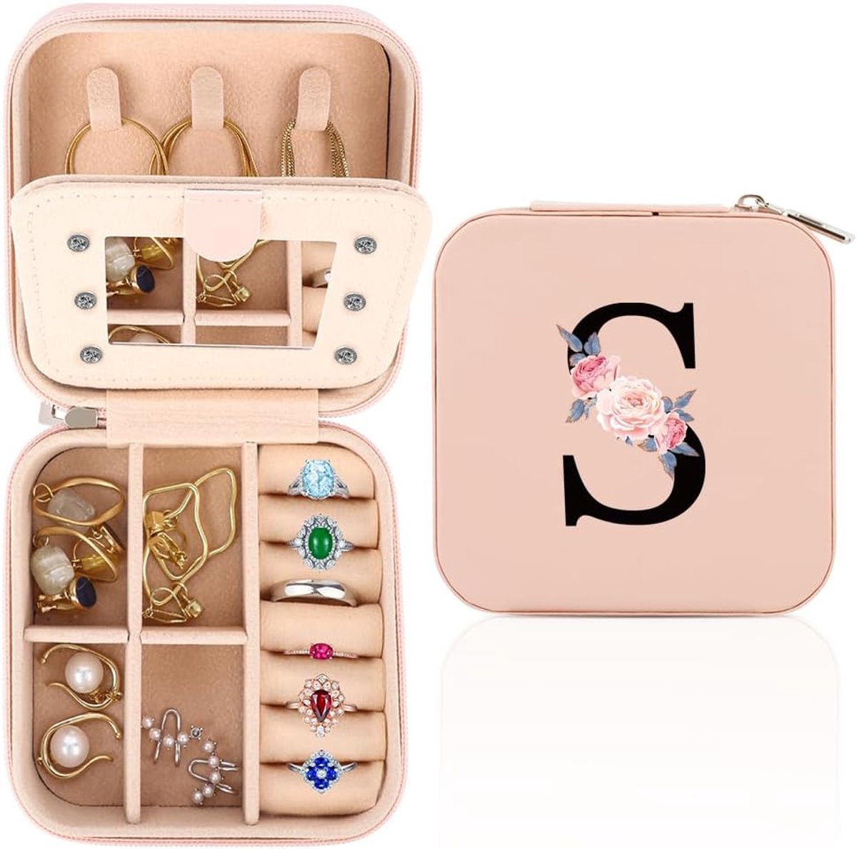 SnelShoppen - Reisjuwelenbox voor Vrouwen, Gepersonaliseerde Sieradenbox met Spiegel, Kleine Organiser voor Juwelen, Perfect Cadeau voor Verjaardag, M