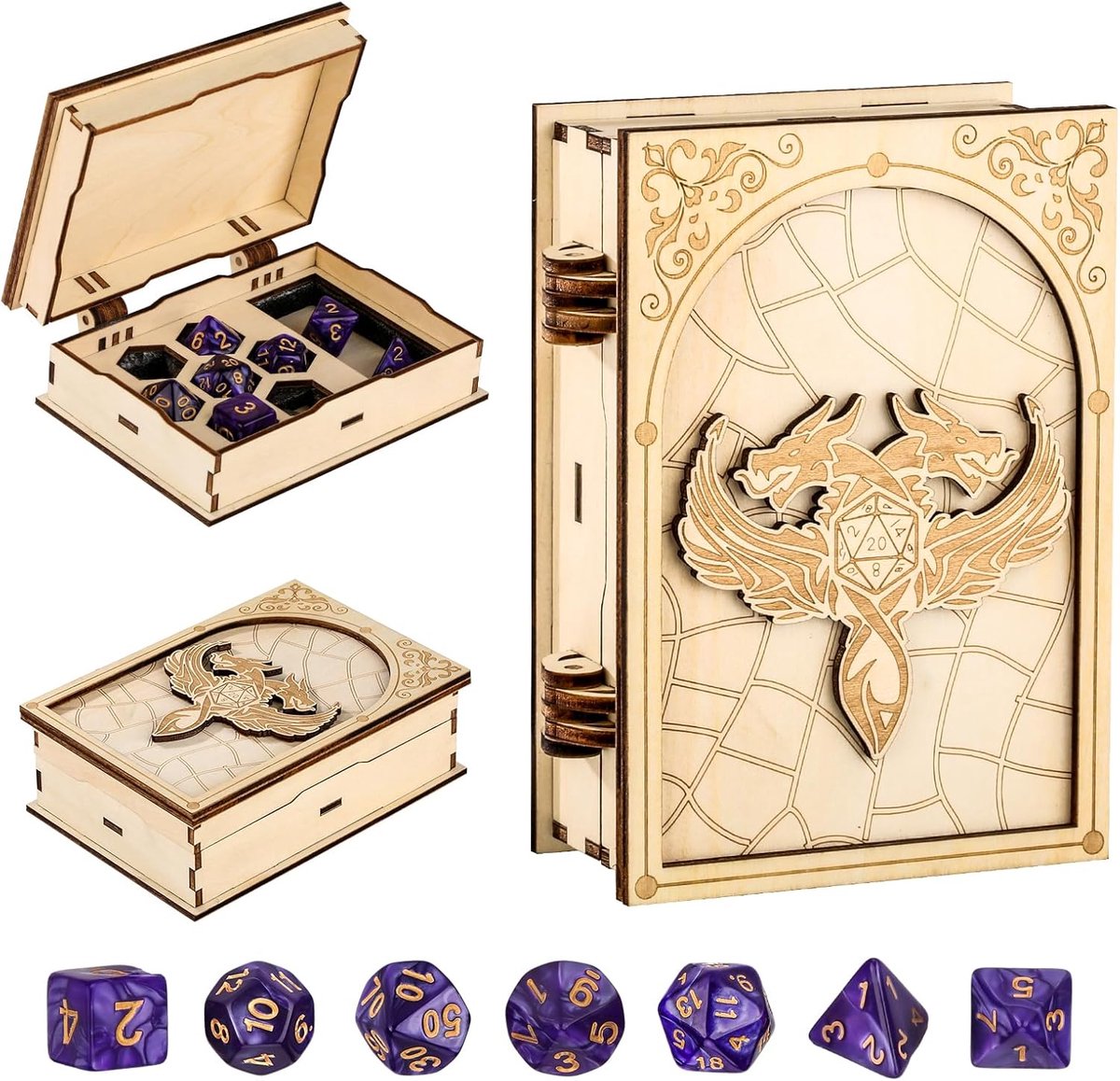 SnelShoppen - Houten D&D Opbergdoos met 7 Paarse Polyhedrale Dobbelstenen, Tweehoofdige Draak Gravure, Spelaccessoires, Compact en Draagbaar voor RPG
