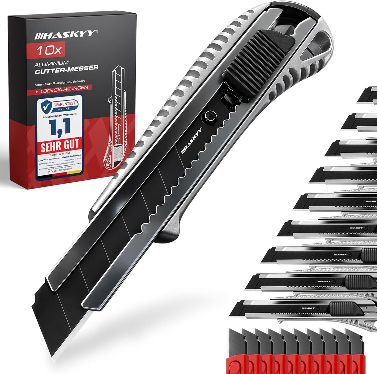 SnelShoppen - Professionele Snijbladen Set 10 Aluminium + 100 SK5 Stalen Blades 18mm - Ergonomisch Ontwerp voor Precisie Snijden van Tapijt, Vinyl, La