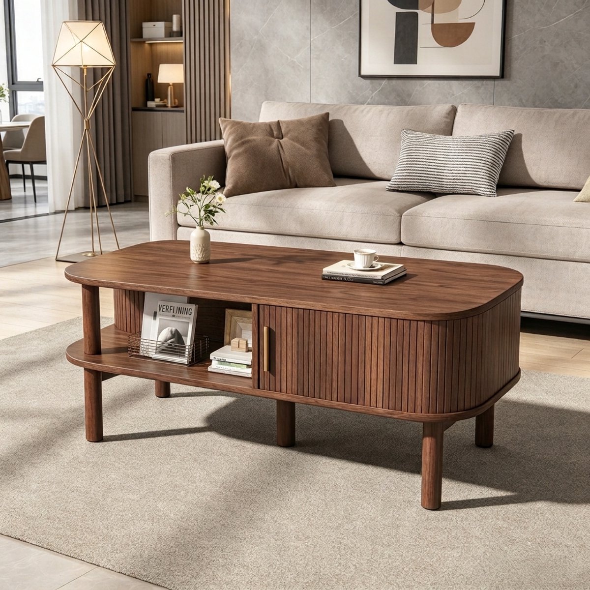 Salontafel licht hout – 110 x 55 x 45 cm – MDF met roldeur en open opbergvakken – Belastbaar tot 60 kg