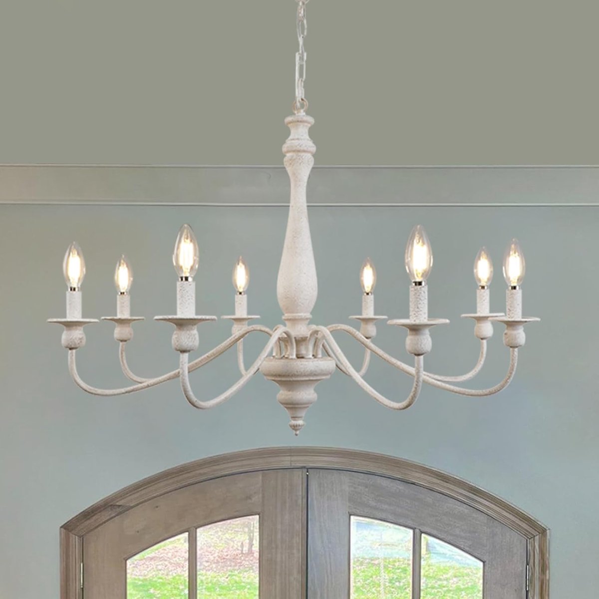 SnelShoppen - Vintage Witte Houten Chandelier met 8 Lichten, Verstelbare Franse Landhuis Pendel Lamp voor Woonkamer, Keuken, Eetkamer en Hal