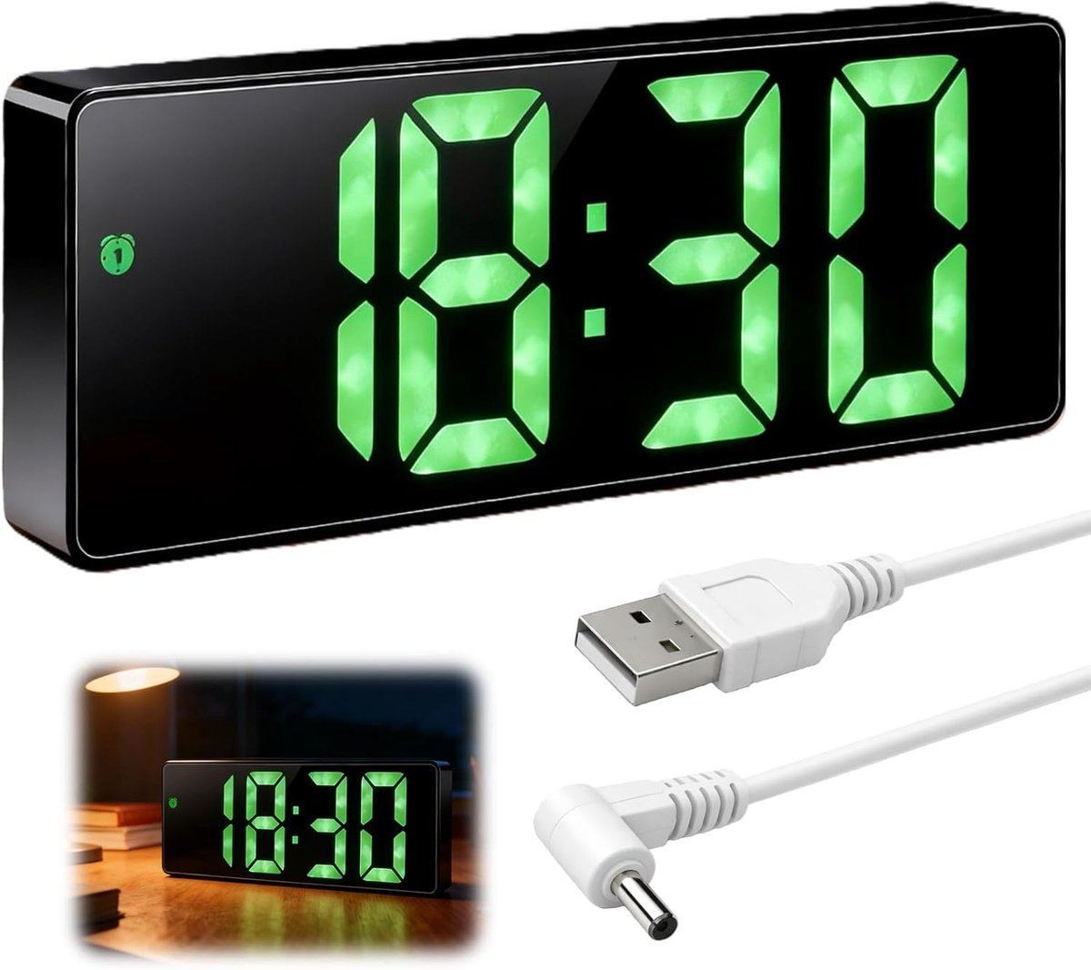 SnelShoppen - Digitale LED Alarm Klok - Verstelbare Helderheid - Grote Cijfers - Elektronische Klok voor Slaapkamer, Kantoor en Woonkamer - Groene Kle