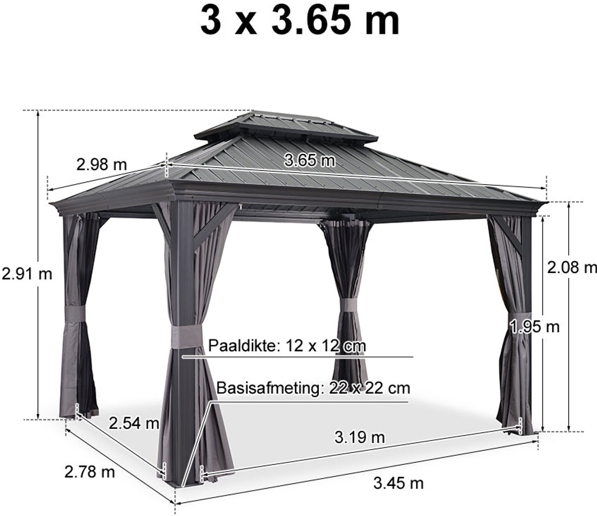 Purple Leaf Hardtop pavillon 3,65 x 3 m - gris luxe