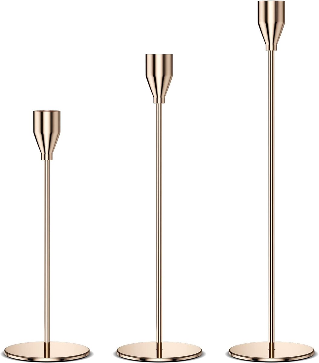 SnelShoppen - Set van 3 Gouden Kandelaar - 33/28/22 cm - Metalen Kandelaar - Vintage Decoratie voor Kaarslicht Diner, Thuisdecoratie, Bruiloft, Kastde