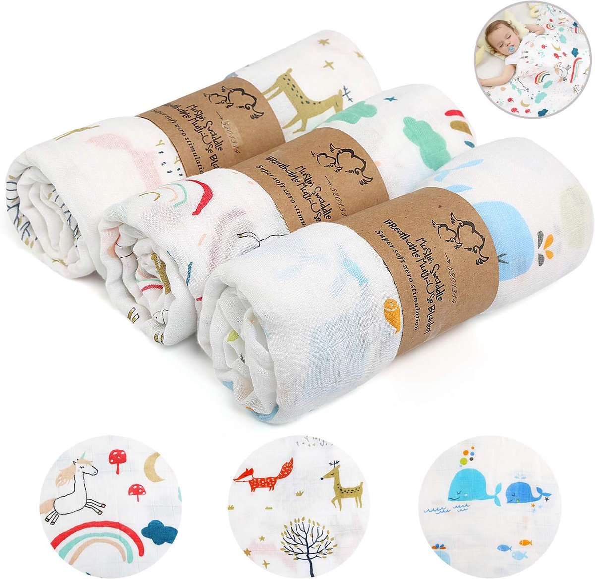 SnelShoppen - Grote Swaddle Dekens 3-Pack - 120x120 cm Katoenen Muslin Doeken voor Baby Jongens & Meisjes, Ademend, Antibacterieel, Zacht & Comfortabe