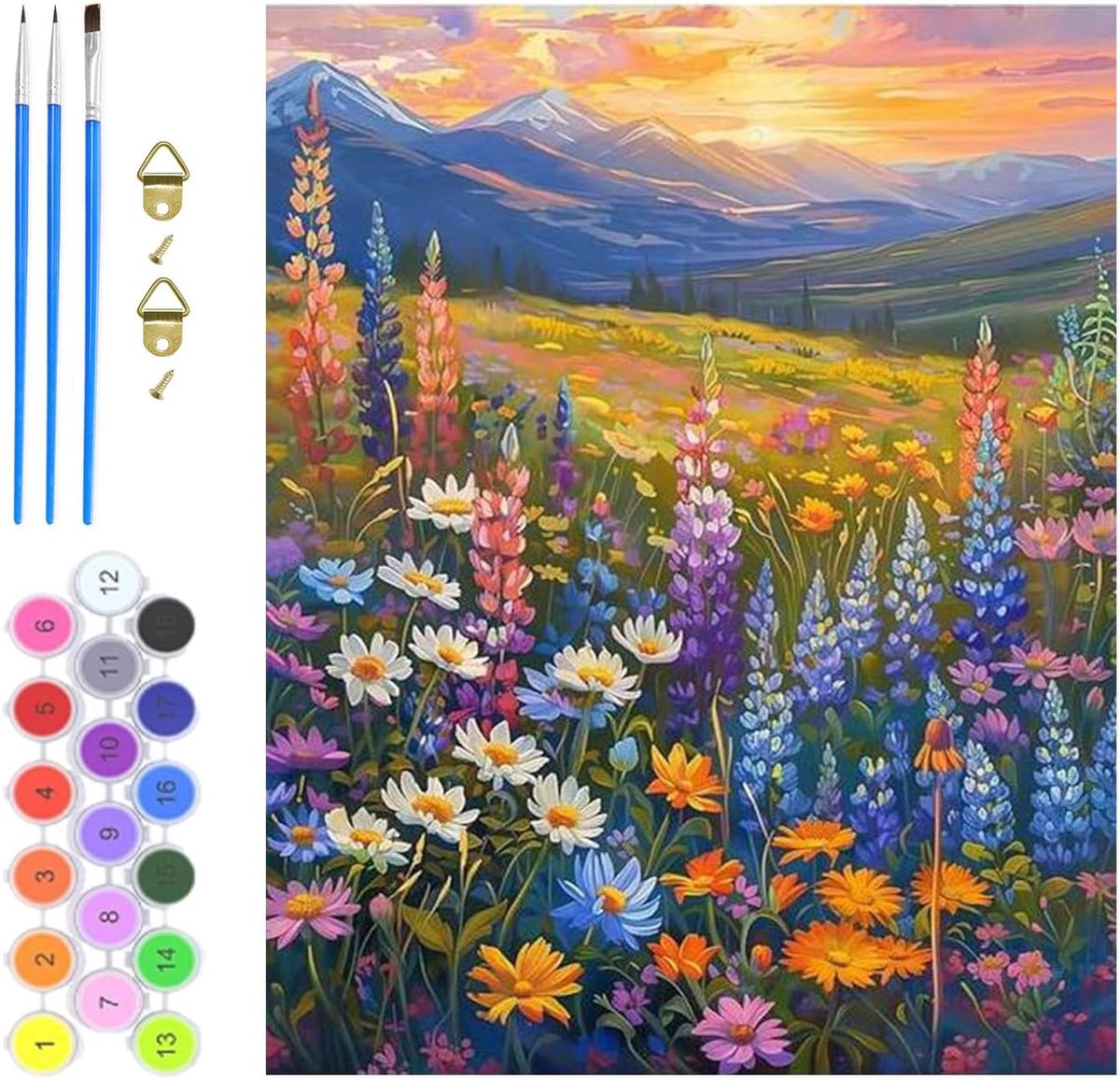 SnelShoppen - DIY Schilderen op Nummer - Bloeiende Wilde Bloemen - Acryl Verf en Canvas Kit voor Volwassenen - Creatieve Hobby voor Thuis - Compleet m