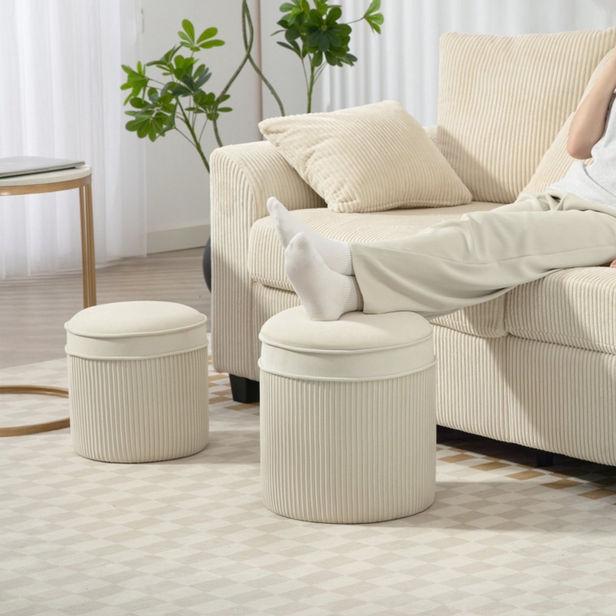 MIVRAY Hocker – 2-delige Set Met Opbergruimte – 36 x 36 x 41,5 cm – Polyester – Crèmewit – Voetenbank en Zitkruk Voor Woonkamer