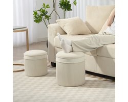 MIVRAY Hocker – 2-delige Set Met Opbergruimte – 36 x 36 x 41,5 cm – Polyester – Crèmewit – Voetenbank en Zitkruk Voor Woonkamer