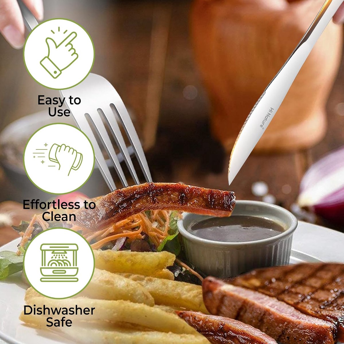 SnelShoppen - Steakmes Set - 6 Delig - RVS - Vaatwasserbestendig - Getande Messen - Ergonomisch - 22.5 cm - Glanzend Zilver - Perfect voor Vleesliefhe