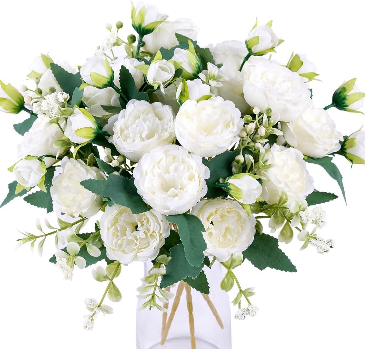 SnelShoppen - 4 Bunches Peony Kunstbloemen Witte Zijde Peonies Boeketten voor Bruiloft, Feest, Tafelstukken, Bloemarrangementen, Decoratie voor Thuis