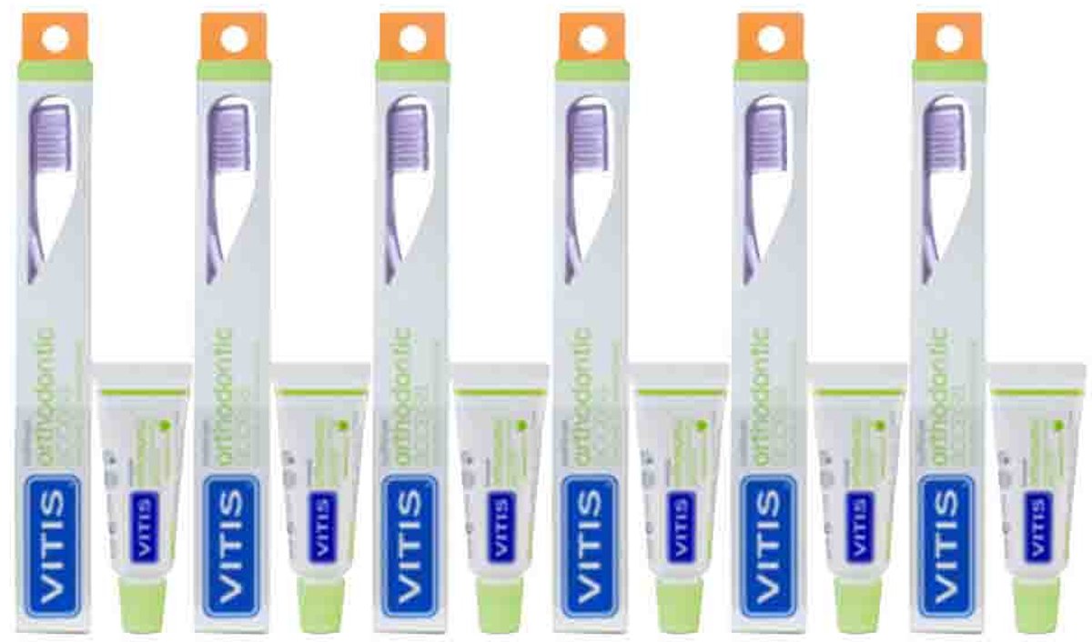 Vitis - Tandenborstel + Mini Tandpasta Orthodontic - 6 x 1 stuk - Voordeelverpakking