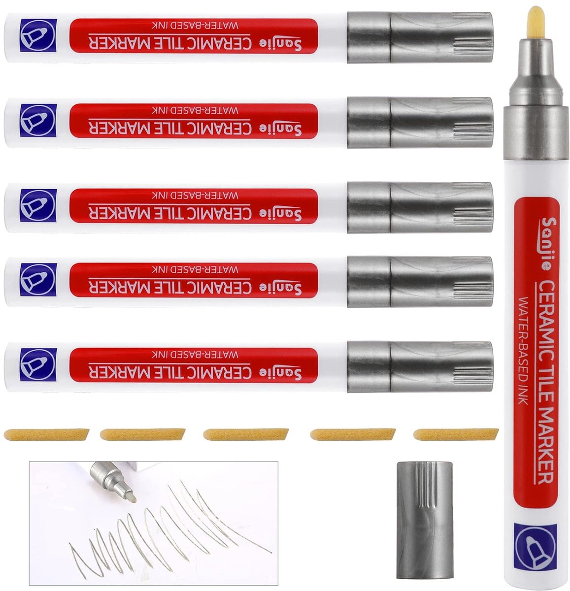 SnelShoppen - Sealing Pen Grijs - 6 Stuks Voegenpennen voor Tegelherstel en Renovatie in Keuken en Badkamer - Vervangbare Tips - 13.7 cm Lang