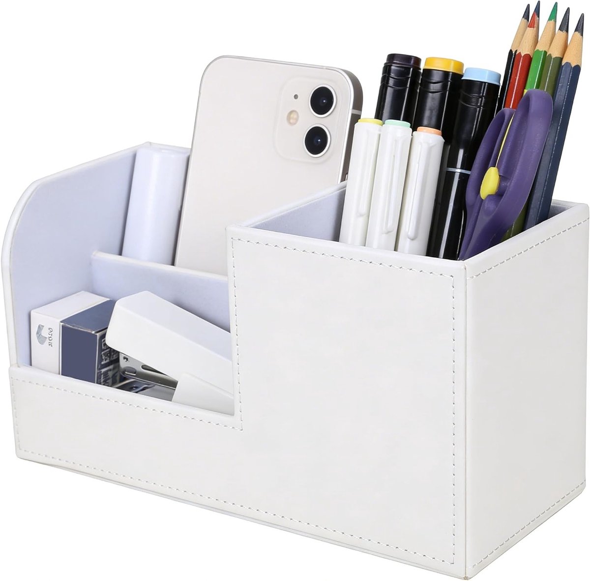 Multifunctionele bureau-organizer met 3 vakken en PU-lederen pennenhouder voor kantoor en thuis, ruimtebesparend en stijlvol