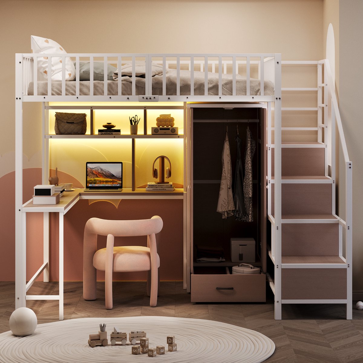 COVREO Hoogslaper 140x200 cm - met bureau, kledingkast, lades, opbergladder, LED en wit