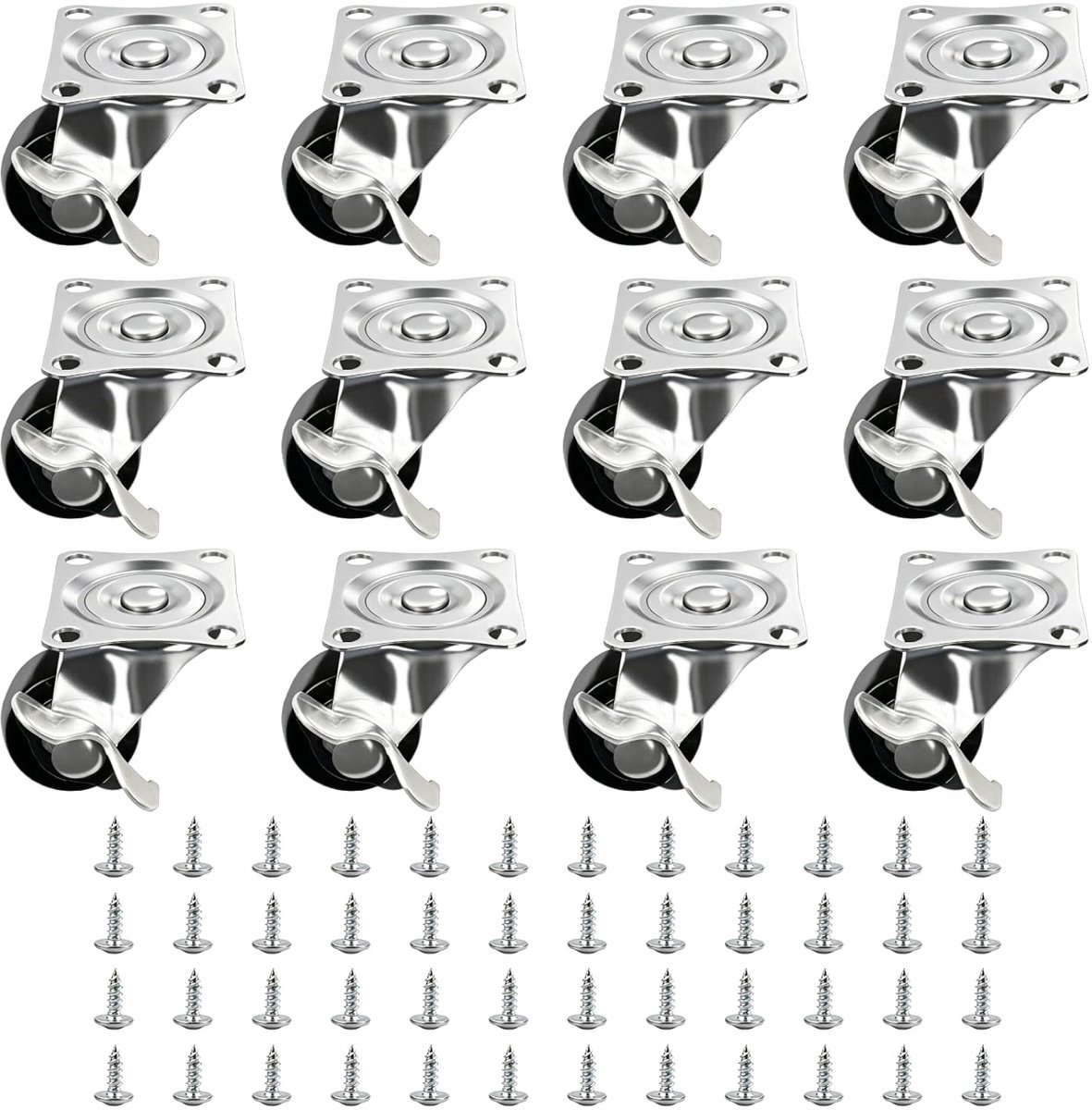 SnelShoppen - 12 Swivel Castors voor Meubilair, 360° Draaiwieltjes met Rem, Mini PU & IJzer Wielen 25 mm, 8 kg per Stuk, Geschikt voor Kantoorstoel &