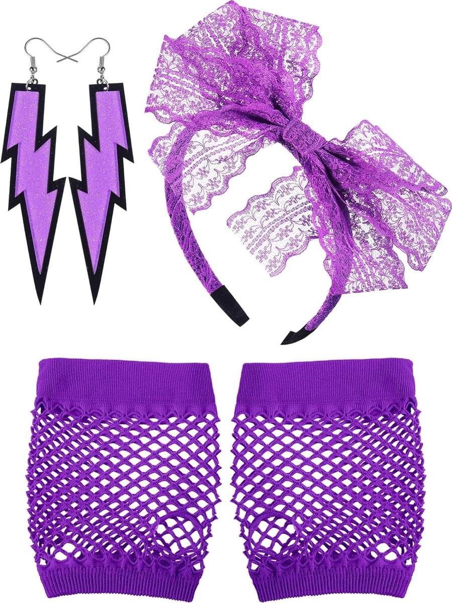 Jaren 80 kostuum accessoires voor vrouwen met kant hoofdband, neon oorbellen en visnet handschoenen voor retro feesten en Halloween evenementen