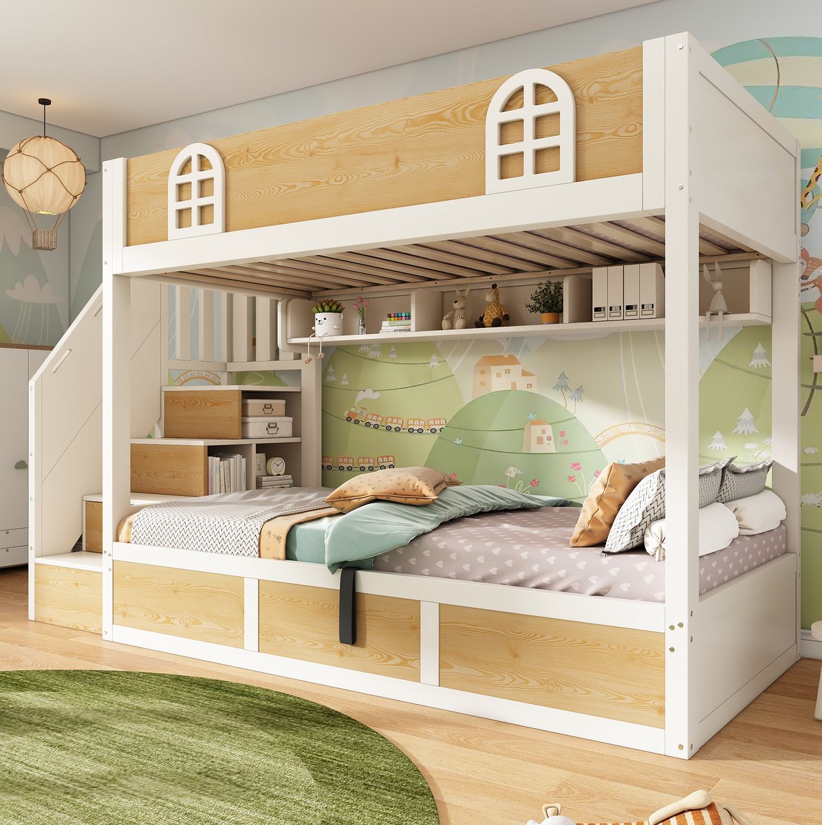 COVREO kinder stapelbed 90x200 cm - met treppenschrank, opbergruimte en lattenbodem, wit naturel White