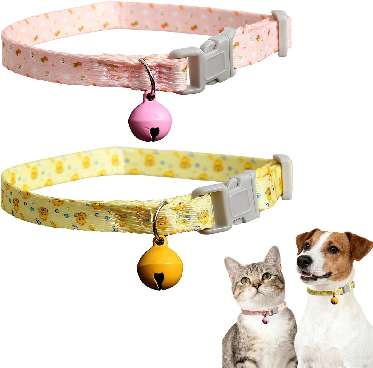 SnelShoppen - Pack van 2 Kleine Verstelbare Kattenhalsband met Bel, Polyester, Duurzaam en Wasbaar, 20-30 cm, Geel/Roze, Veilig voor Huisdieren