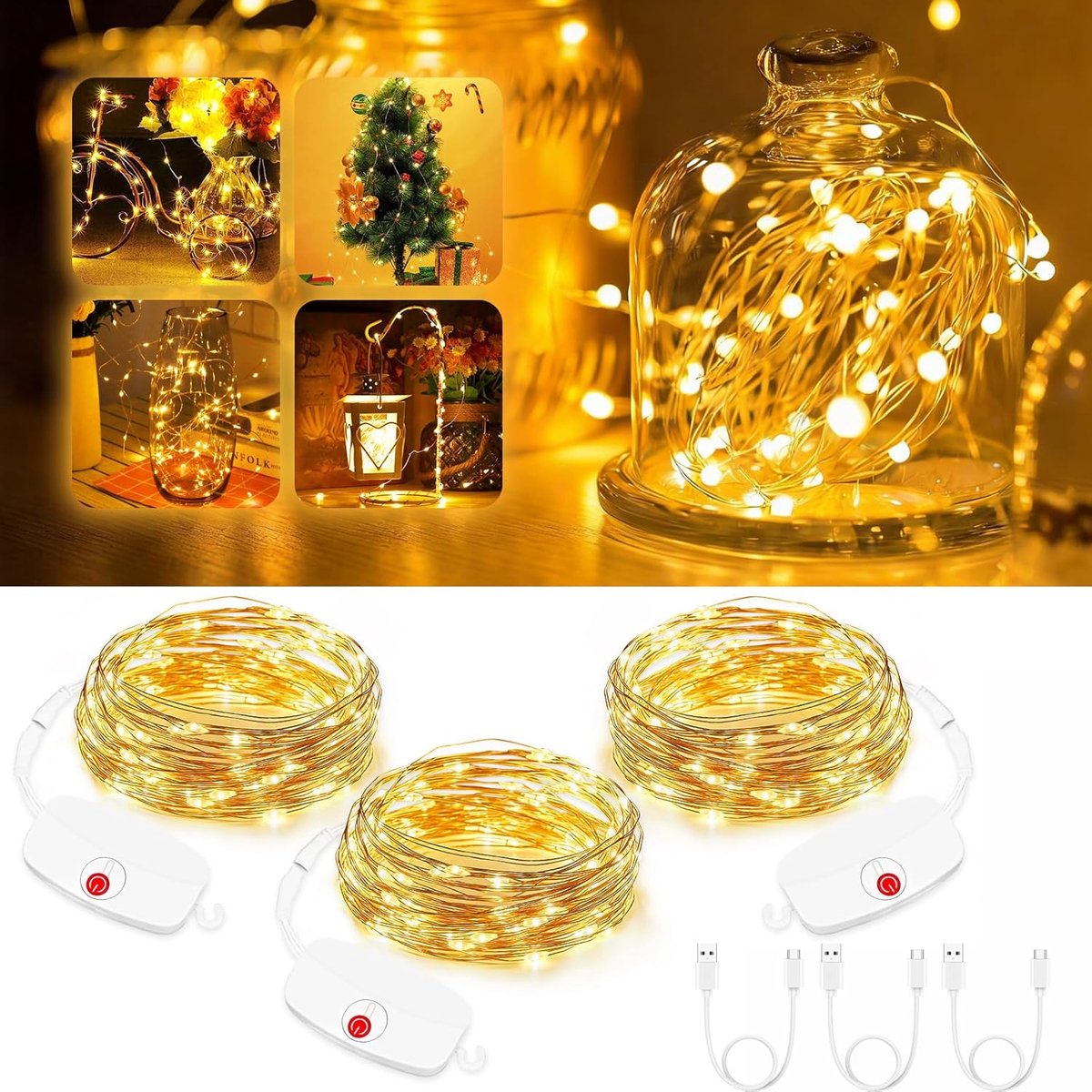 SnelShoppen - Pack van 3 USB Oplaadbare Sfeerverlichting, 3 Meter, 30 LED's, Koperdraad, Accu-Aangedreven, Waterdicht, Vuurvlieg Stijl, Ideaal voor Sl