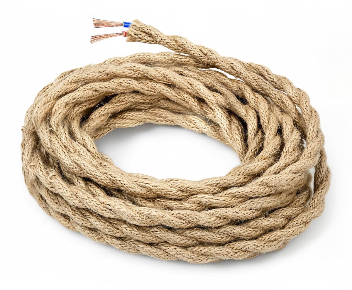 SnelShoppen - 5m Vintage Jute Touw Kabel, 2-Draads 0.75mm² Koper Gevlochten Elektriciteitskabel, VDE Gecertificeerd Textielkoord voor LED Hanglamp, Re