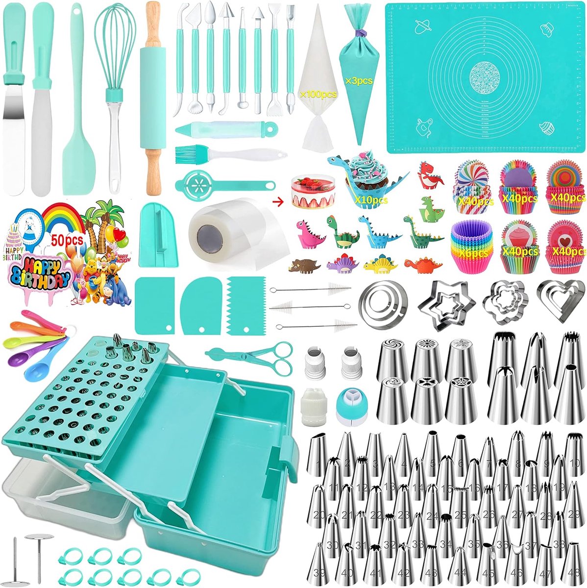 SnelShoppen - Professionele Taartdecoratie Set - 488-delige Bakset met Spuitmonden, Bakaccessoires en Opbergdoos - Hoogwaardige 304 RVS, BPA-vrij Sili