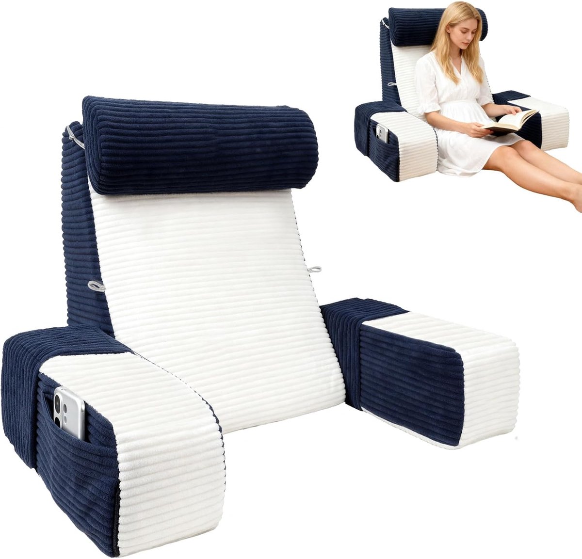 Thijox - Leeskussen voor Bed met Instelbare Armleuningen en Hoofdsteun, Rugsteunkussen Blauw & Wit voor Lezen, Spelen, Ontspannen en TV Kijken