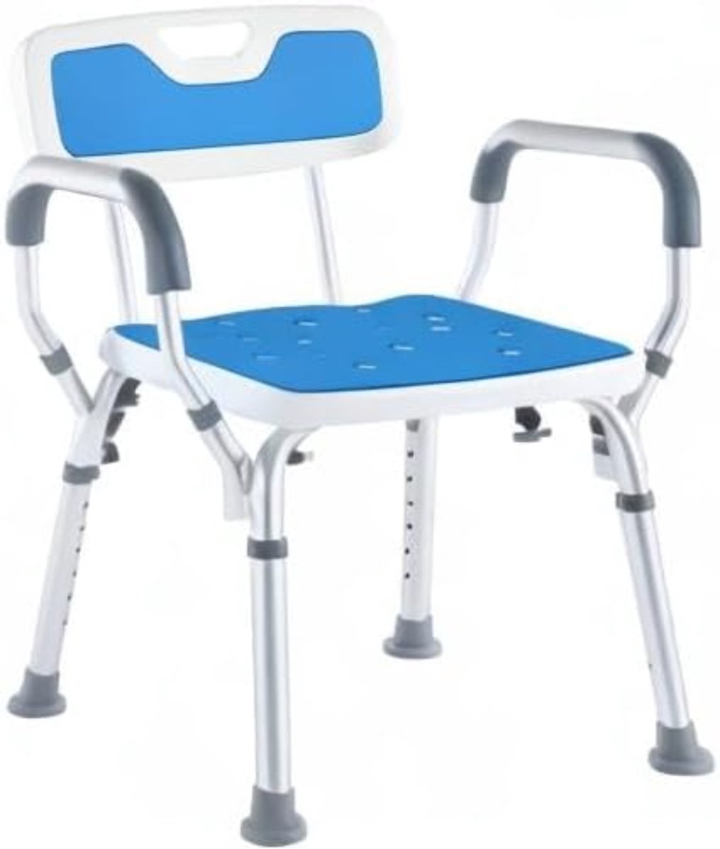 KIRA® Douchestoel Met Armleuning - Douchestoel - Afneembare Rugleuning En Armleuningen - Wit en Blauw - 47cm x 50cm x 83cm