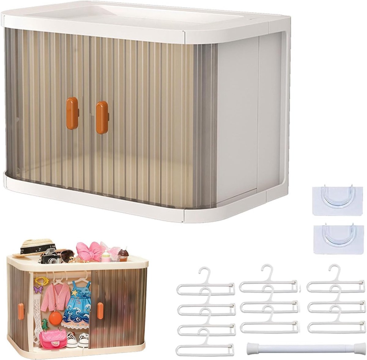 Kledingkast voor 17 cm poppen met 10 kledinghangers, opvouwbaar en stofdicht met displayplank voor poppenmode